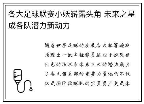 各大足球联赛小妖崭露头角 未来之星成各队潜力新动力
