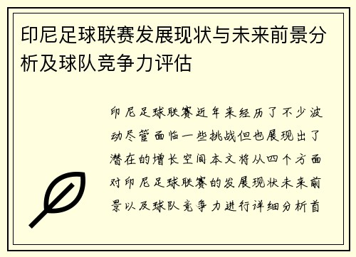 印尼足球联赛发展现状与未来前景分析及球队竞争力评估