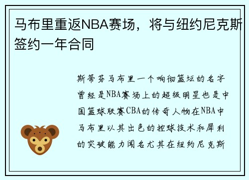 马布里重返NBA赛场，将与纽约尼克斯签约一年合同